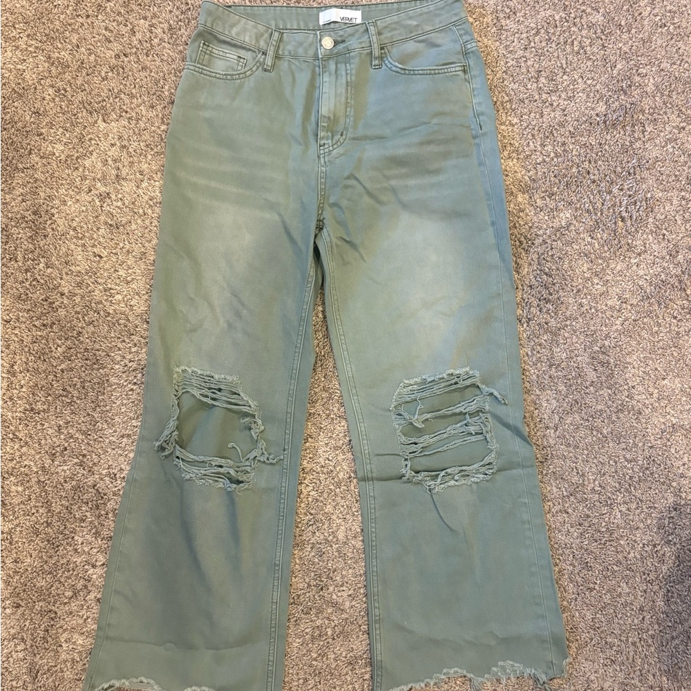 Chic Distressed Wide Leg Jeans in Green